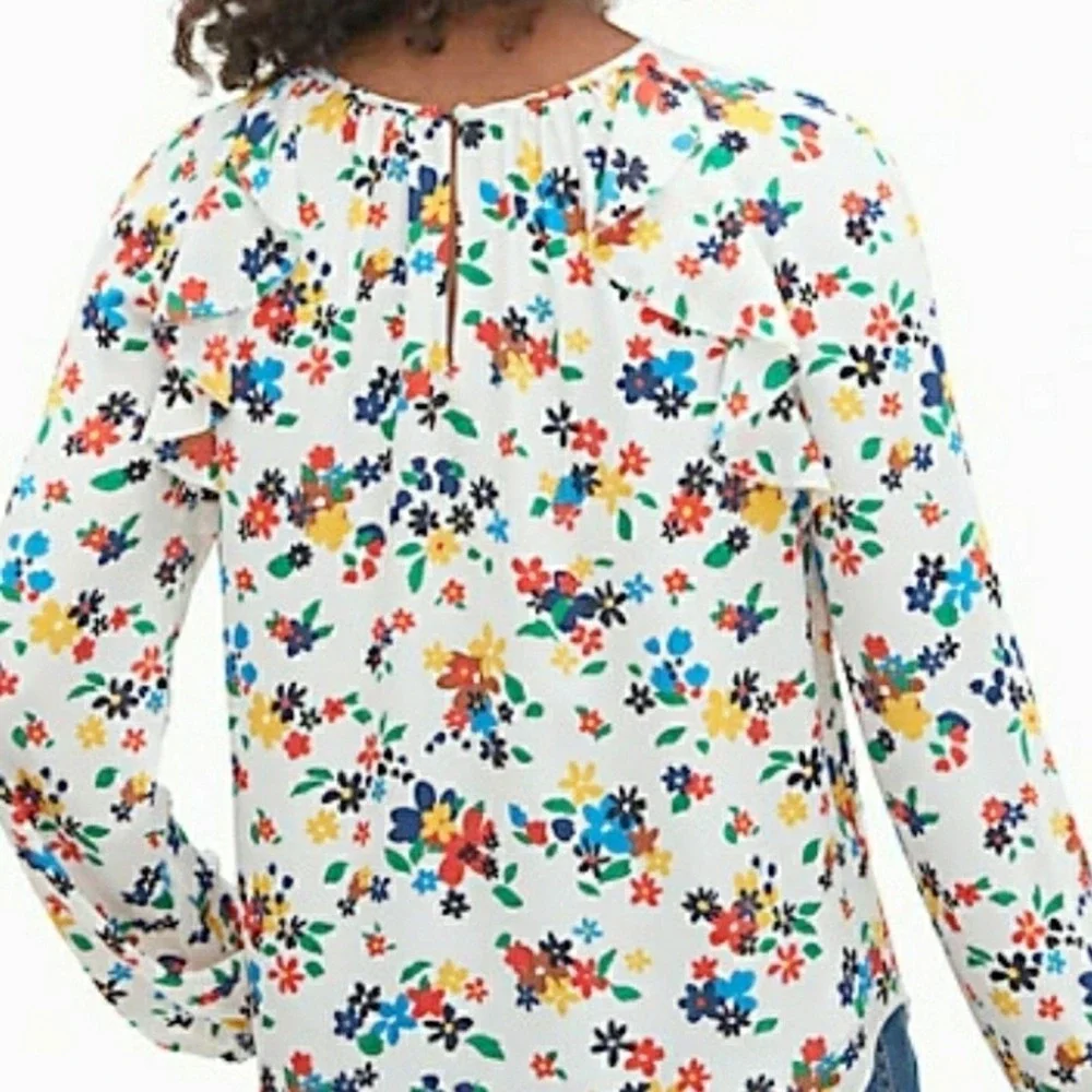 Kate Spade Ivory Sailing‎ Floral Ruffle Blouse Top White Floral Print